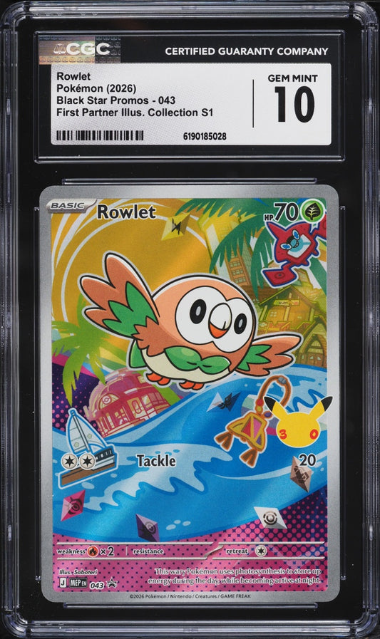 2026 Pokemon Black Star Promo Rowlet #043 First Partner CGC 10 GEM